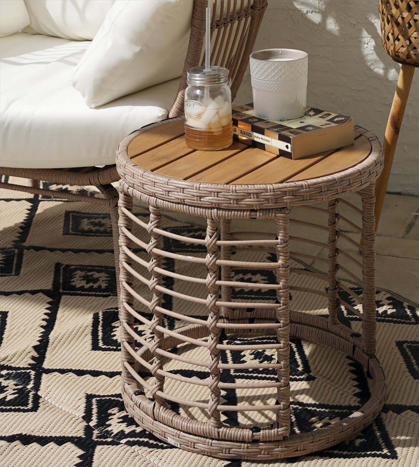 YITAHOME Wicker Egg Chair with Coffee Table Outdoor Indoor Oversized Lounger with Stand, Table, Cushions, Egg Basket Chair for Patio Backyard Porch - Beige