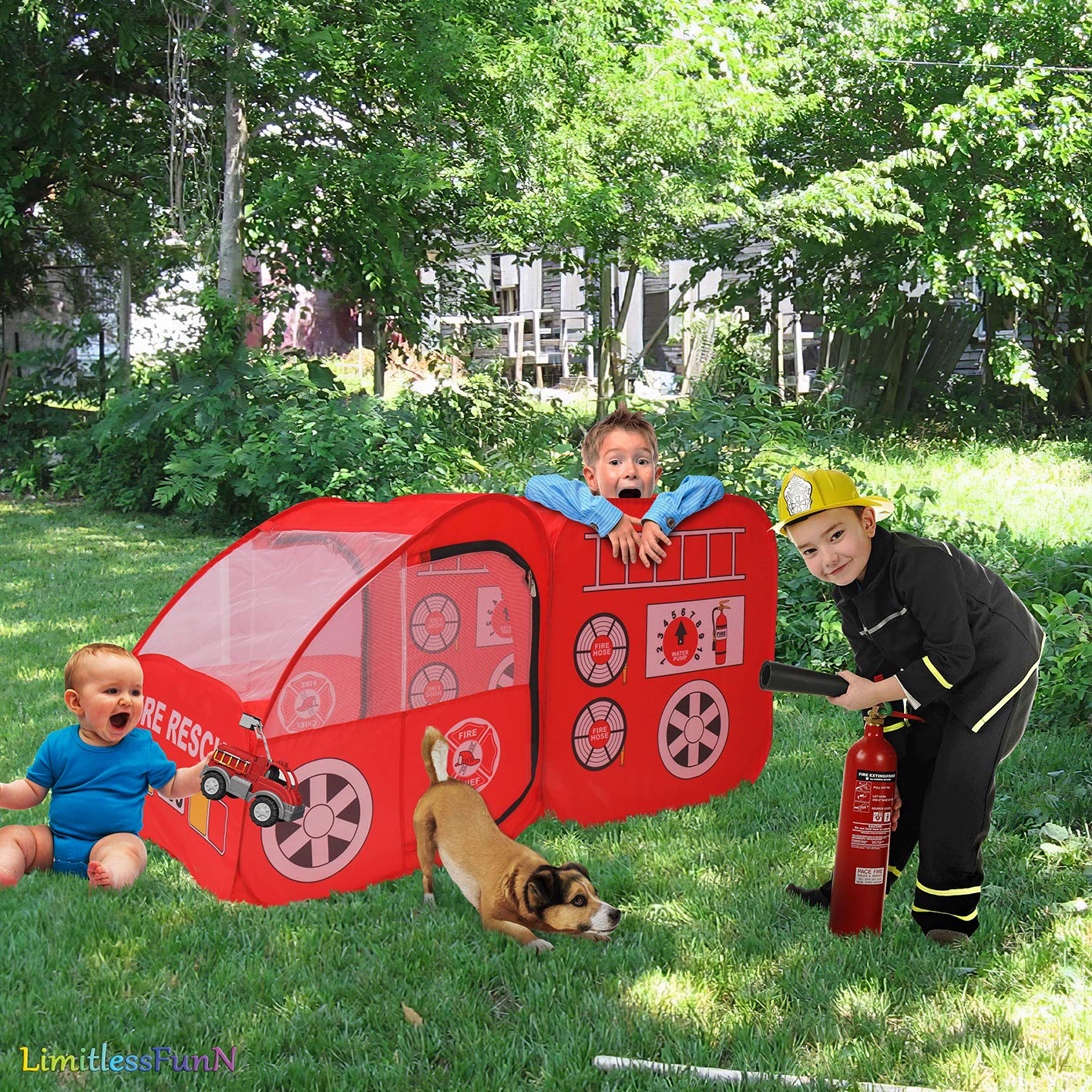 Fire Truck Pop Up Kids Play Tent with Lights