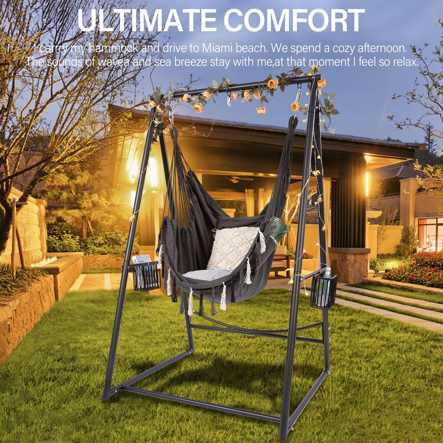 Hammock Chair Hanging Rope Swing & Stand Set with Two Holders, Heavy Duty Hanging Stand with Three Hooks, Multi-Use for Indoor Outdoor Patio Yard Garden (Black)