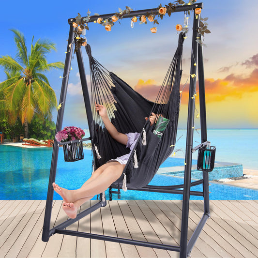 Hammock Chair Hanging Rope Swing & Stand Set with Two Holders, Heavy Duty Hanging Stand with Three Hooks, Multi-Use for Indoor Outdoor Patio Yard Garden (Black)