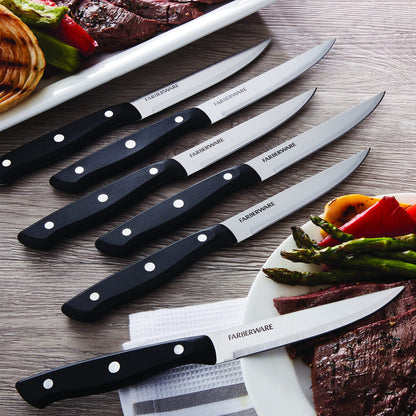 Farberware Triple Riveted Steak Knife Set, 6-Piece, High-Carbon Stainless Steel Knife Set, Razor-Sharp Steak Knife Set with Fine Edge Blades, Black