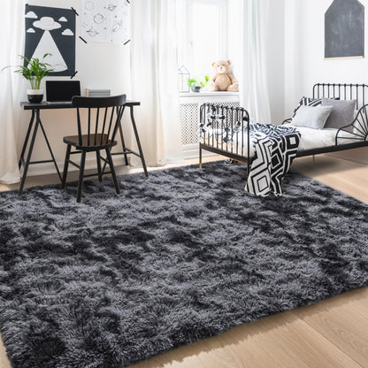 Foxmas Shag Rugs for Bedroom Living Room, 5x7Ft Soft Fluffy Tie-Dyed Rug for Kids Room with Non-Slip Backing, High Pile Nursery Carpets Fuzzy Boys Girls Dorm Home Decor Aesthetic, Dark Grey