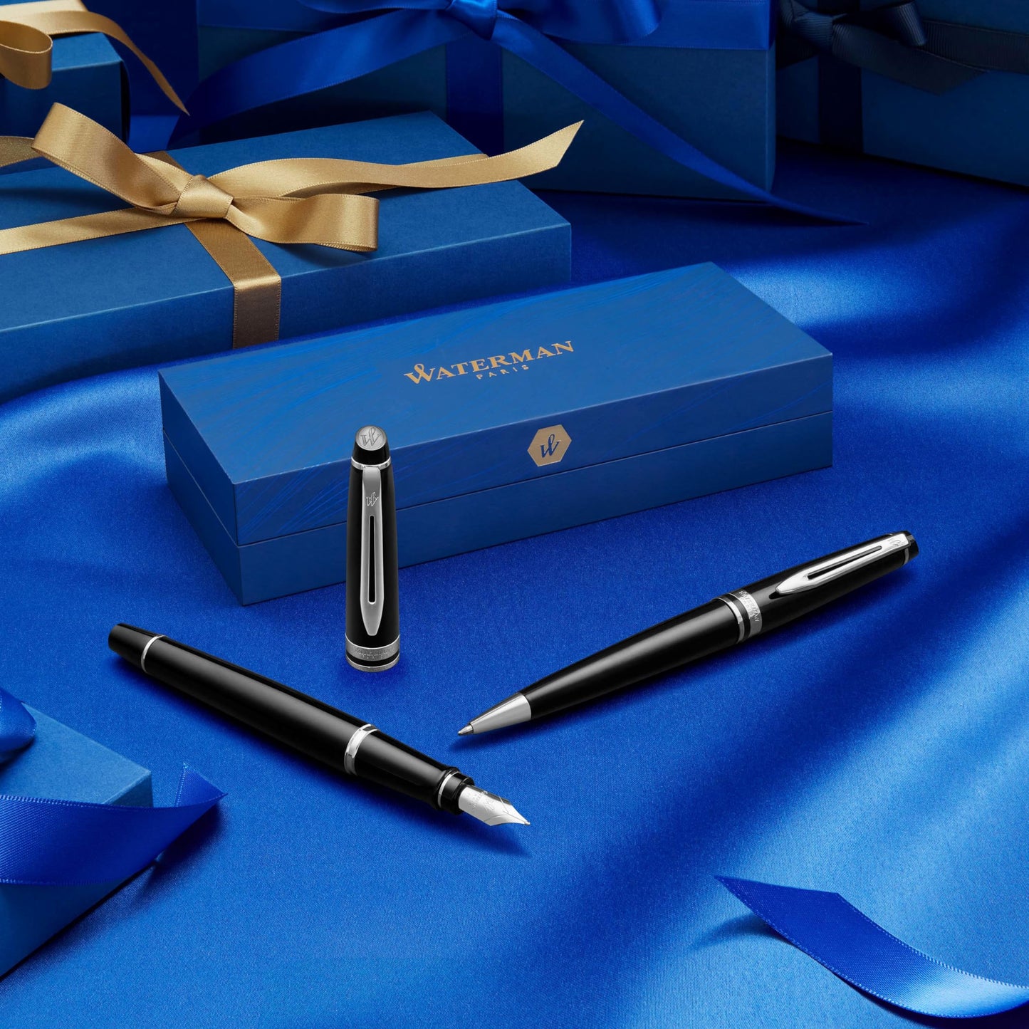 Waterman Expert Ballpoint Pen | Gloss Black with Chrome Trim | Medium Tip | Blue Ink | Gift Box