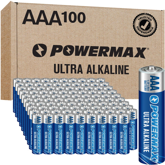 Powermax 100-Count Triple AAA Batteries, Ultra Long Lasting Alkaline Battery, 10-Year Shelf Life, Reclosable Packaging