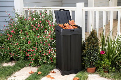 Keter Baltimore 38 Gallon Trash Can with Lid and Drip Tray for Easy Cleaning-Perfect for Patios, Kitchens, and Outdoor Entertaining, 38 Gallons, Black