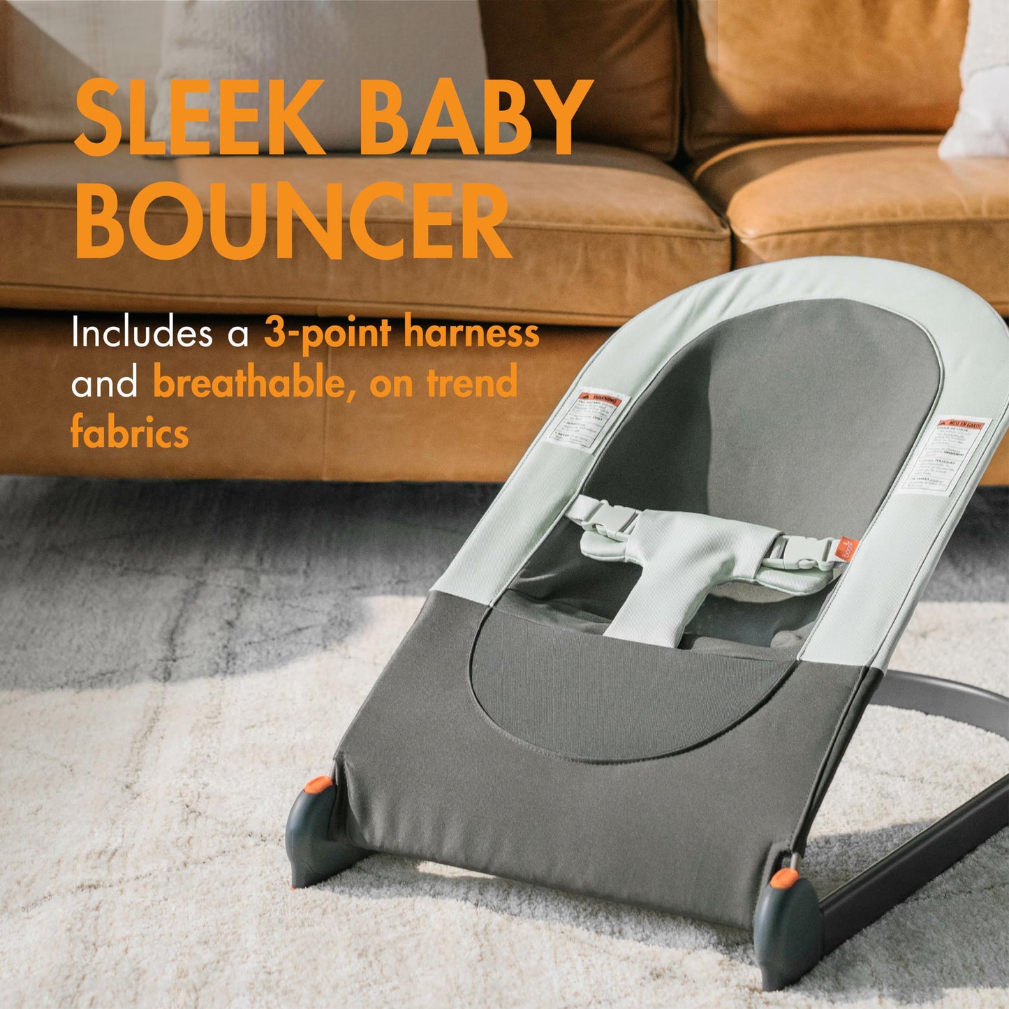 Boon Slant Portable Baby Bouncer - Folding Baby Seat for Infants - Lightweight Portable Baby Chair with Machine Washable Fabric and 3-Point Harness - Gray