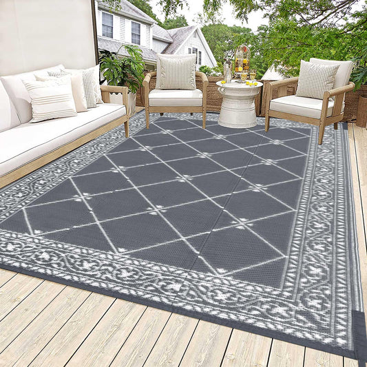 HiiARug Reversible Mat Plastic Outdoor Rugs for Patios Clearance Waterproof Plastic Straw Rug Large Area Rug for Outdoor, Porch, Patio, RV,Camping(5x7Ft, Grey)