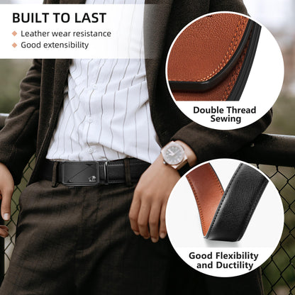 RYNEOCES Ratchet Belt for Men, 1 3/8" Genuine Leather Belt with Sliding Adjustable Buckle, Men's pants shirt belt, Elegant Gift Box (Black2444-1, 28-34 Waist Adjustable)