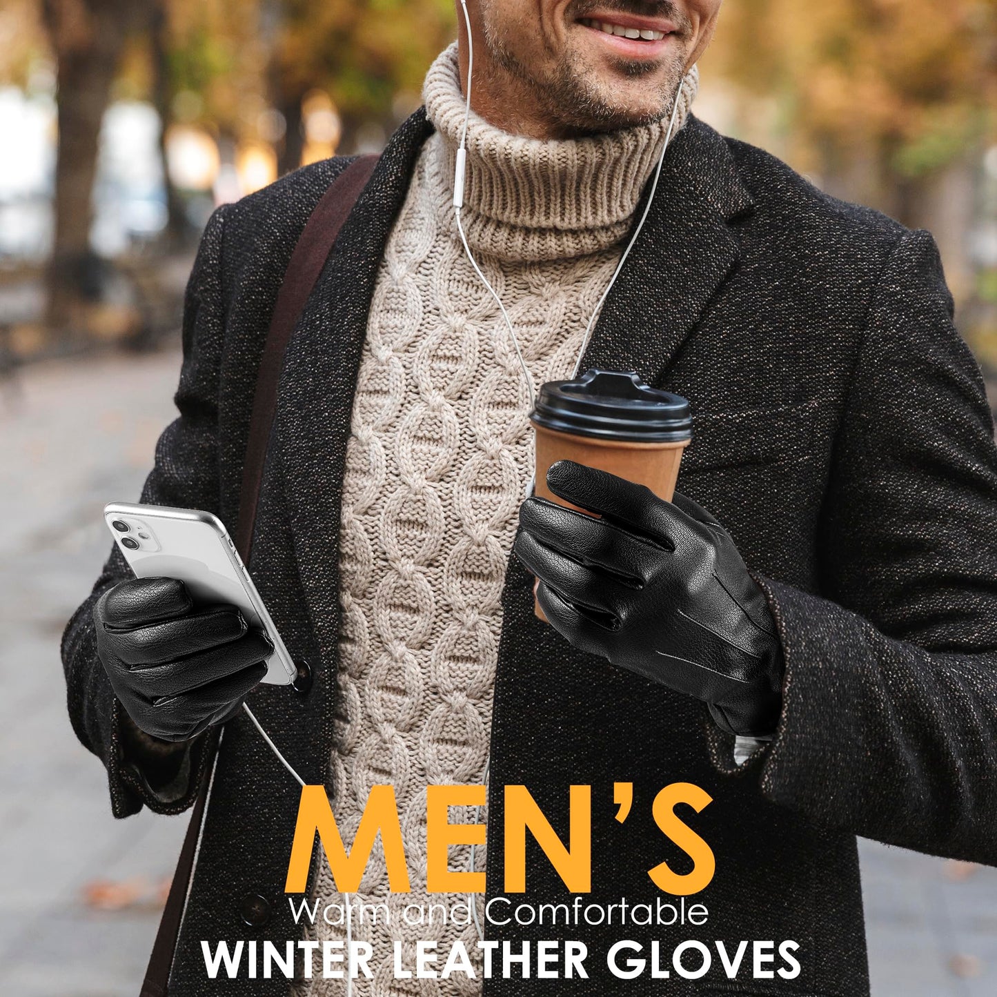 alqqas Winter Fashion Leather Gloves for Men, Finger Touchscreen Texting Wool Lined Warm Windproof Suede Driving Gloves