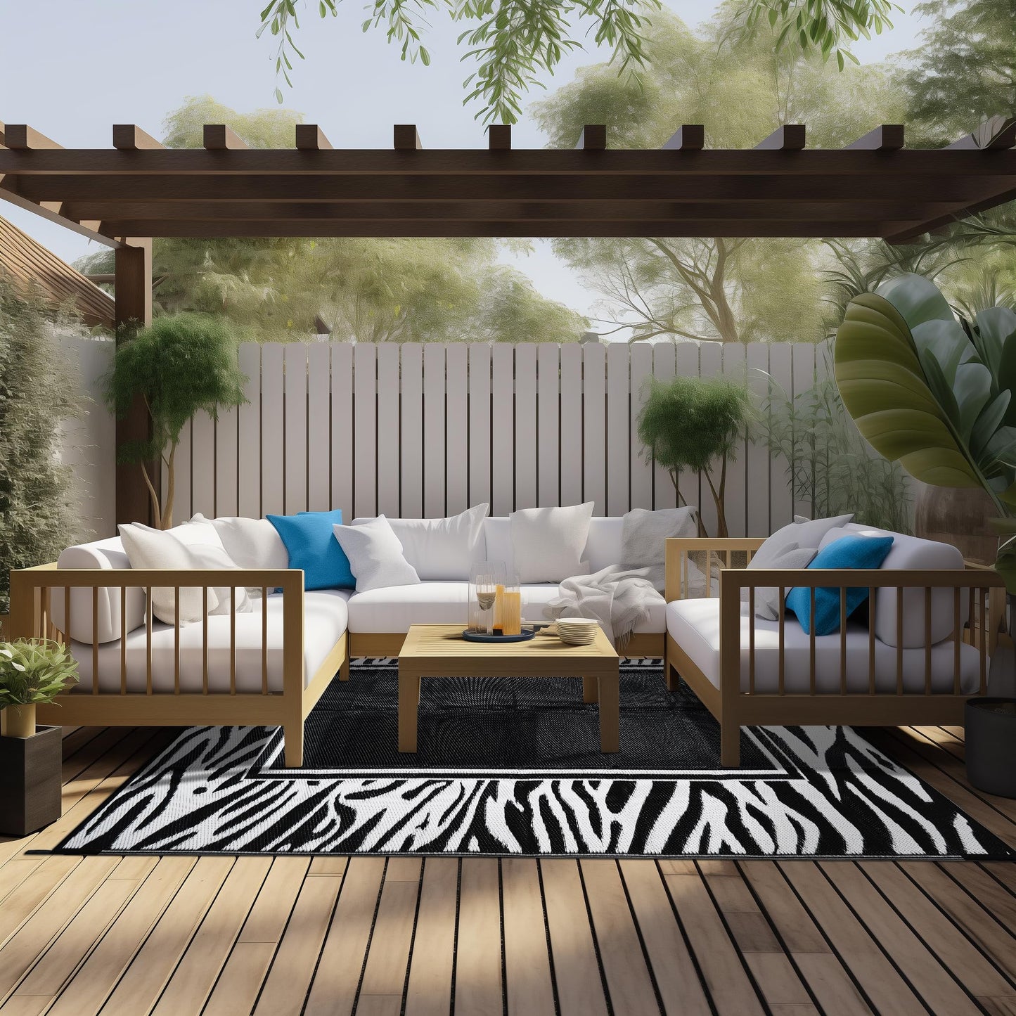 WondRg Outdoor Waterproof Patio Rug 5x8 Plastic Straw Reversible Lightweight Outdoor Area Carpet for Camping RV Picnic Backyard Deck Balcony Porch Beach Black and White Zebra