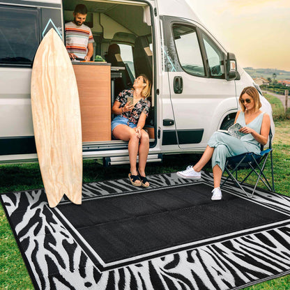 WondRg Outdoor Waterproof Patio Rug 5x8 Plastic Straw Reversible Lightweight Outdoor Area Carpet for Camping RV Picnic Backyard Deck Balcony Porch Beach Black and White Zebra