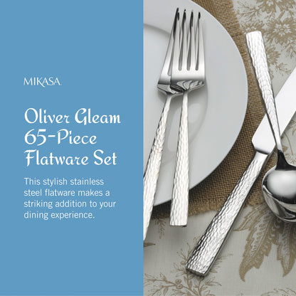 Mikasa Oliver Gleam Silverware, 18/10 Stainless Steel Cutlery 12, Inlcludes 5 Serving Untensils, 65 Piece Set, Silver