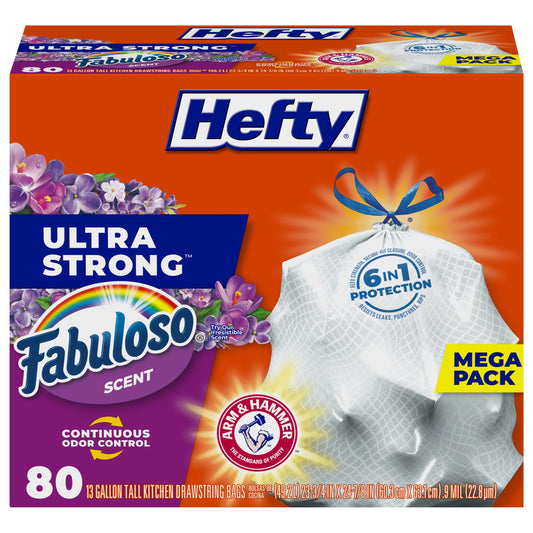 Hefty Ultra Strong 13 Gallon Trash Bags, Tall Kitchen Trash Bags 13 Gallon Size, Break Resistant Drawstring Closure, Continuous Odor Control, White, Fabuloso Scent, 80 Bags
