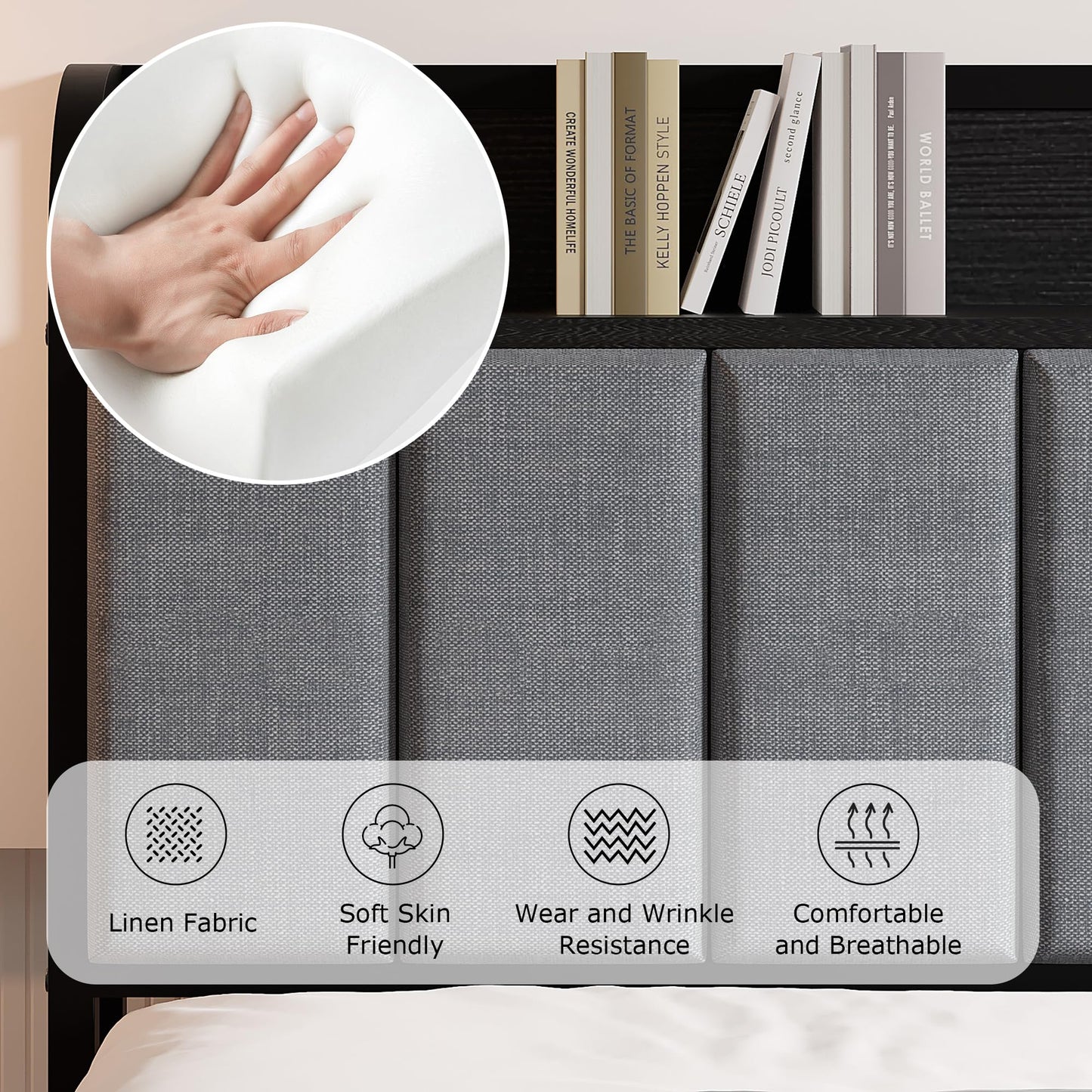 Queen Bed Frame with Upholstered Headboard & Storage