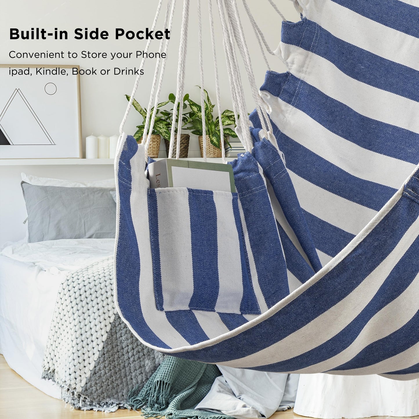 Jelofly Hammock Chair Large Hanging Rope Swing Seat Chair with Pocket Max 350 Lbs Superior Comfortable for Indoor Outdoor Home Bedroom Garden, Seat Cushions Not Included (Blue and White)