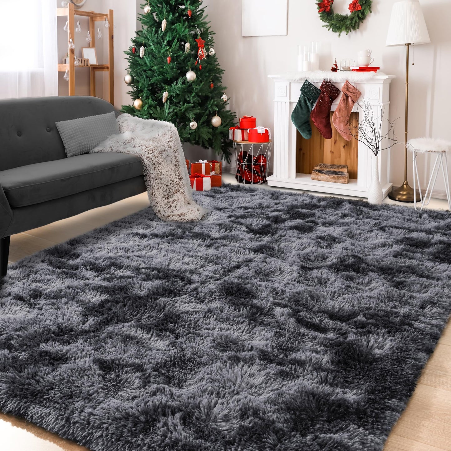 Foxmas Shag Rugs for Bedroom Living Room, 5x7Ft Soft Fluffy Tie-Dyed Rug for Kids Room with Non-Slip Backing, High Pile Nursery Carpets Fuzzy Boys Girls Dorm Home Decor Aesthetic, Dark Grey