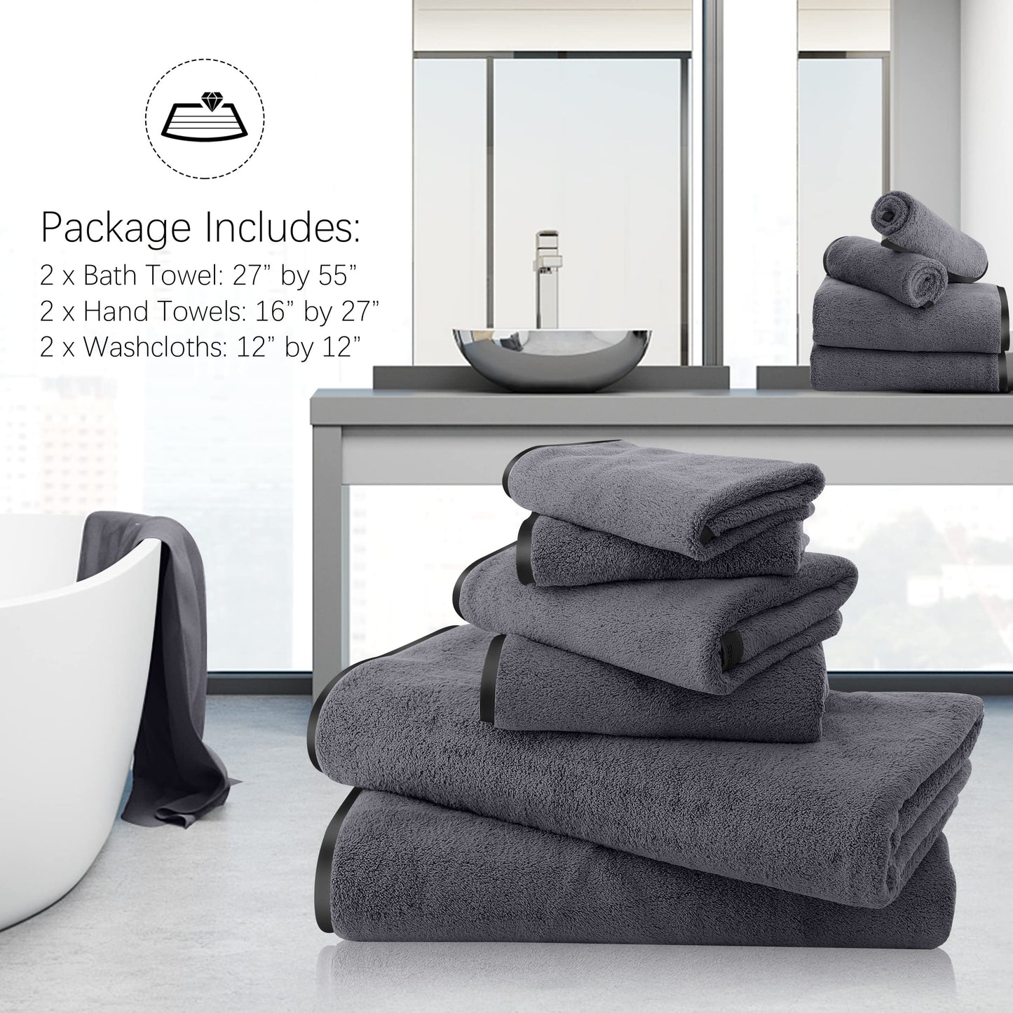 TENSTARS Luxury Silk Hemming Towel Set - Light Thin Quick Drying - 2 Bath Towels 2 Hand Towels 2 Washcloths - Ultra Soft Microfiber, for Bath Fitness, Sports, Yoga, Travel (Dark Grey 6 Pieces)
