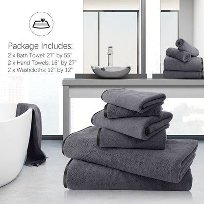 TENSTARS Luxury Silk Hemming Towel Set - Light Thin Quick Drying - 2 Bath Towels 2 Hand Towels 2 Washcloths - Ultra Soft Microfiber, for Bath Fitness, Sports, Yoga, Travel (Dark Grey 6 Pieces)