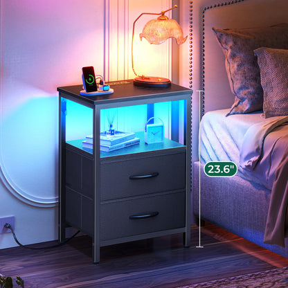 Huuger Night Stand with Charger Station and LED Lights, 2 Drawer Nightstand, Bed Side Table with Open Shelf, End Table, Fabric Dresser for Bedroom, Black