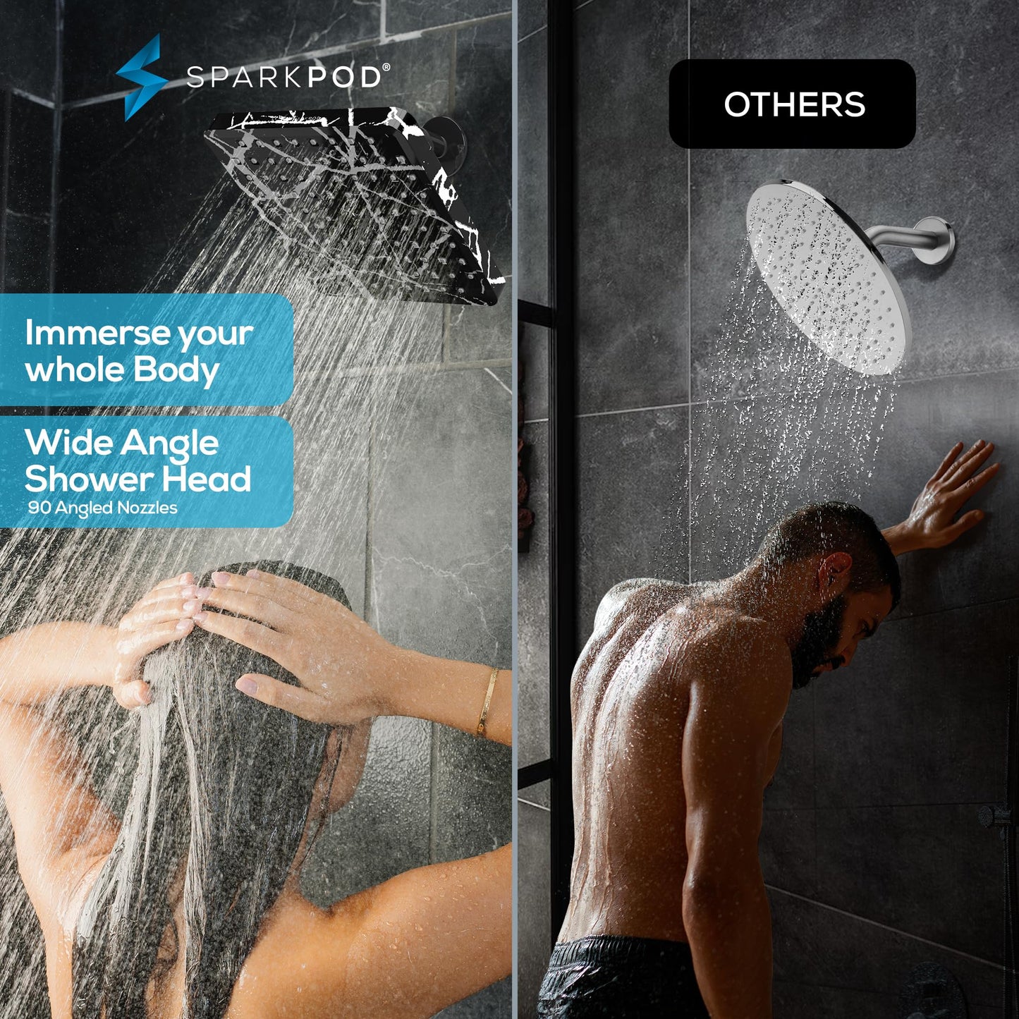 SparkPod Shower Head - High Pressure Rain - Premium Quality Luxury Design - 1-Min Install - Easy Clean Adjustable Replacement for Your Bathroom Shower Heads (8" Square, Black Marble)