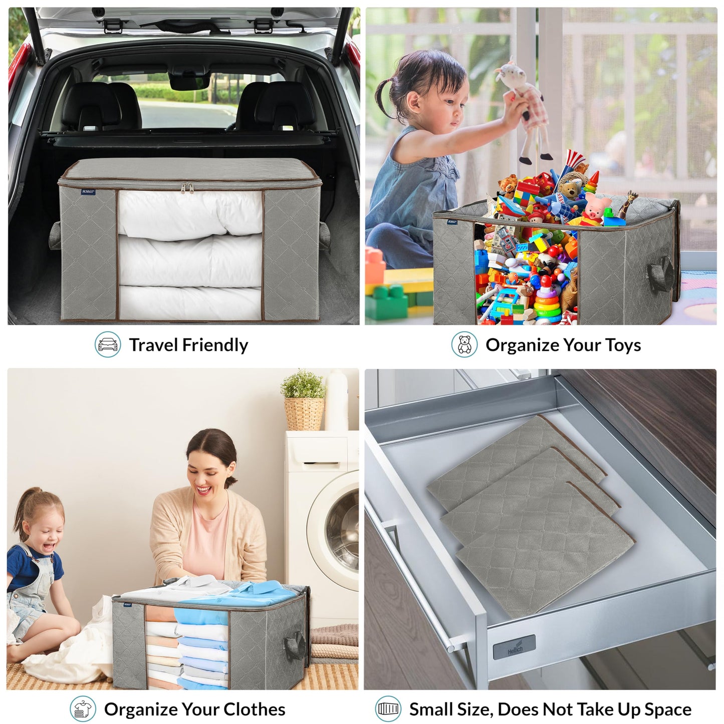 Royale Large Capacity 4 Pack Clothes Storage Bag Organizer with Strong Handle - 90L Fabric Bag- Zipper Closure - Storage Container for Organizing Bedroom, Closet, Clothing, Comforter with Clear Window