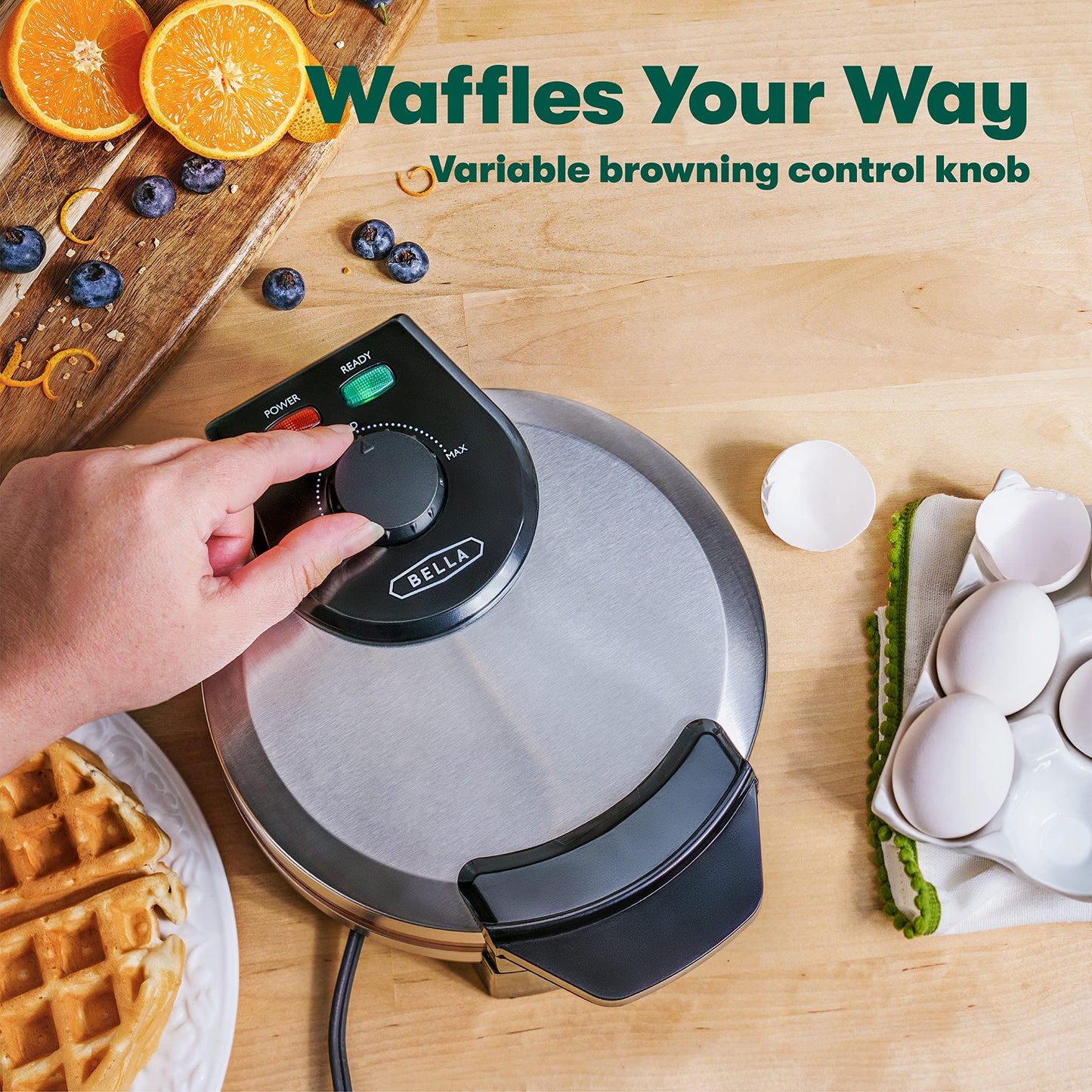 BELLA Classic Belgian Waffle Maker, 7" Round, Non Stick, Waffle Iron Makes 1” Thick Waffles, Variable browning control knob, Stay-cool handle with locking latch, Stainless Steel