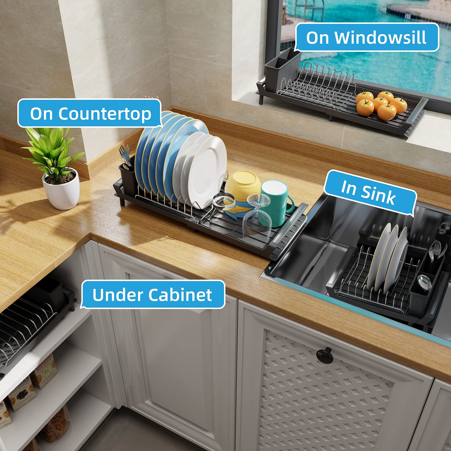 PETXPERT Dish Drying Rack, Expandable Dish Rack for Kitchen Counter with Utensil Holder, Stainless Steel Small Dish Drainer Organizer with Drainboard for Kitchen in Sink (Black)