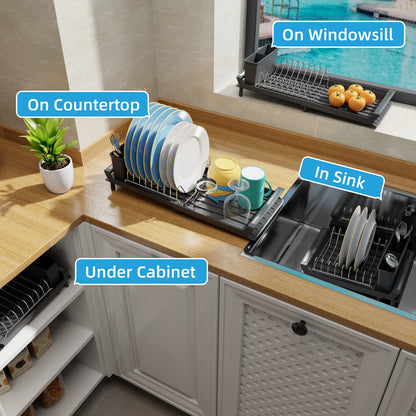 PETXPERT Dish Drying Rack, Expandable Dish Rack for Kitchen Counter with Utensil Holder, Stainless Steel Small Dish Drainer Organizer with Drainboard for Kitchen in Sink (Black)