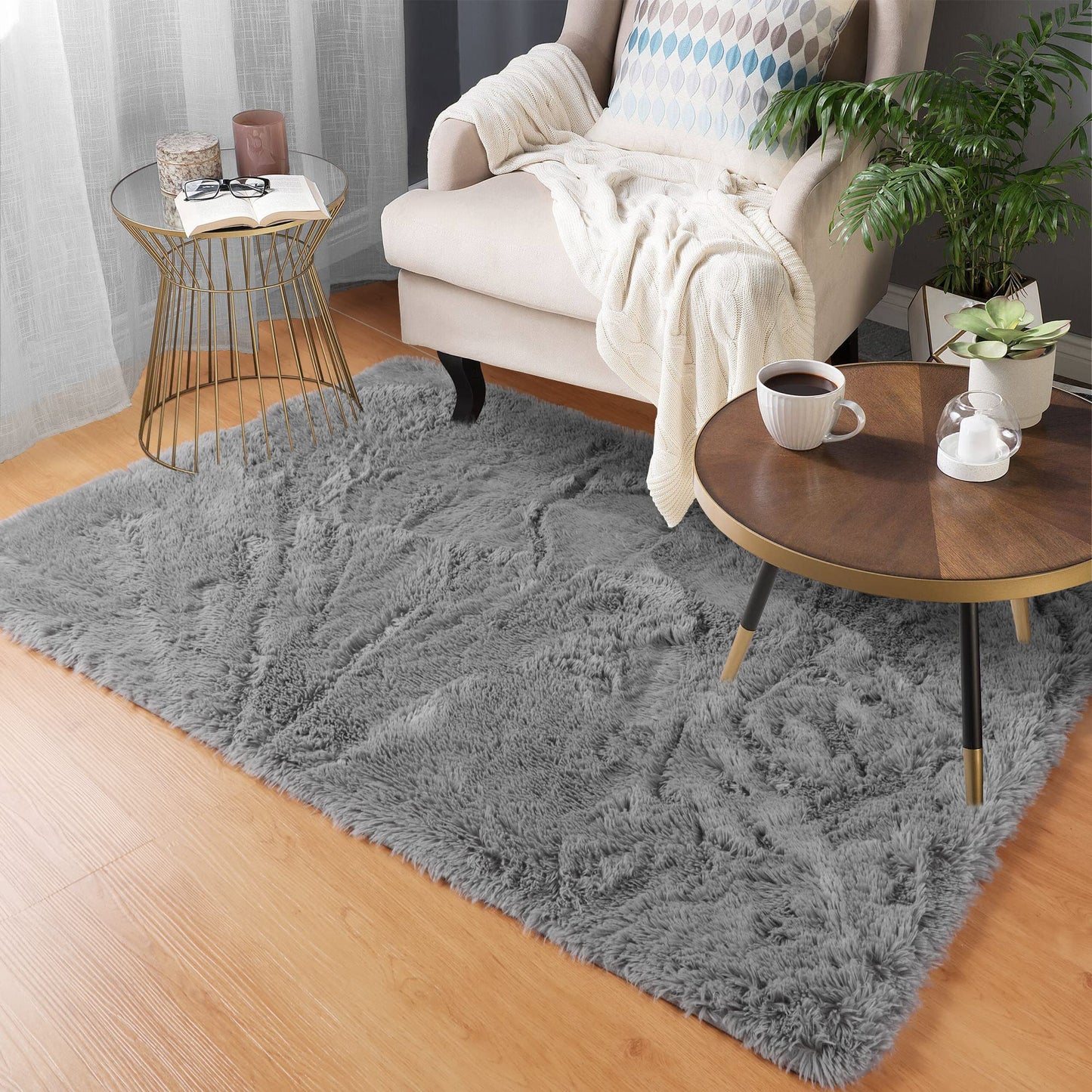 Fluffy Grey Non-Slip Area Rug for Bedrooms
