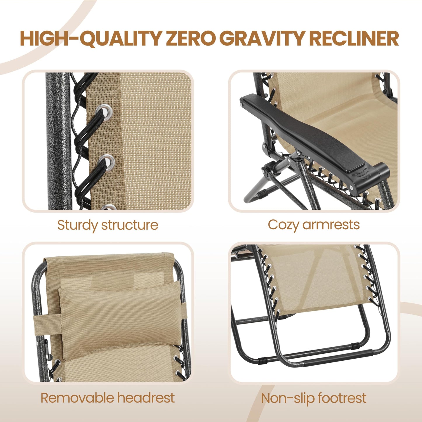Yaheetech Zero Gravity Recliners Outdoor Adjustable Folding Reclining Lounge Chairs w/Pillows, Cup Holder Trays and Carry Strap for Patio Backyard Beach Beige Set of 2