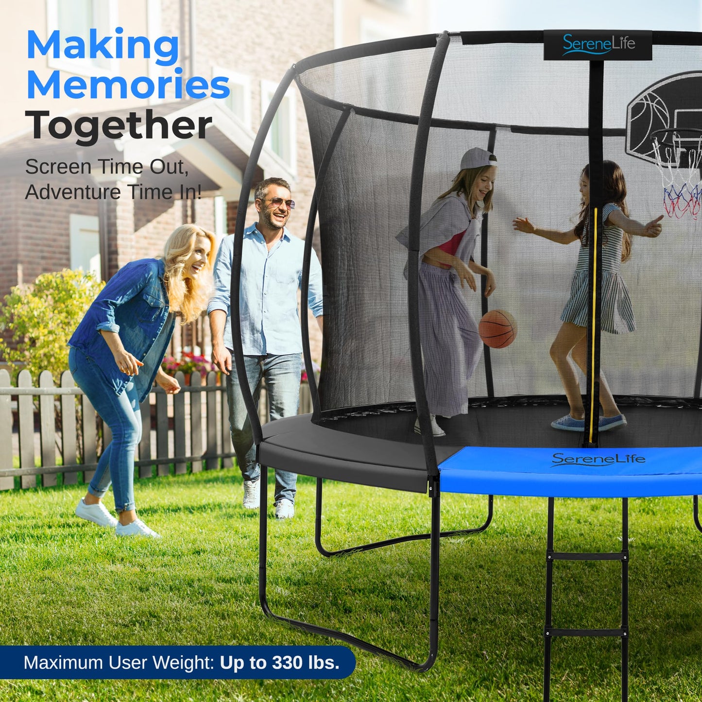 SereneLife 10ft Trampoline for Kids - Outdoor Recreational Backyard Trampoline with Net Enclosure, Basketball Hoop, Curved Safety Poles, UV-Tested Mat, Water-Resistant Padding, Up to 330 lbs.