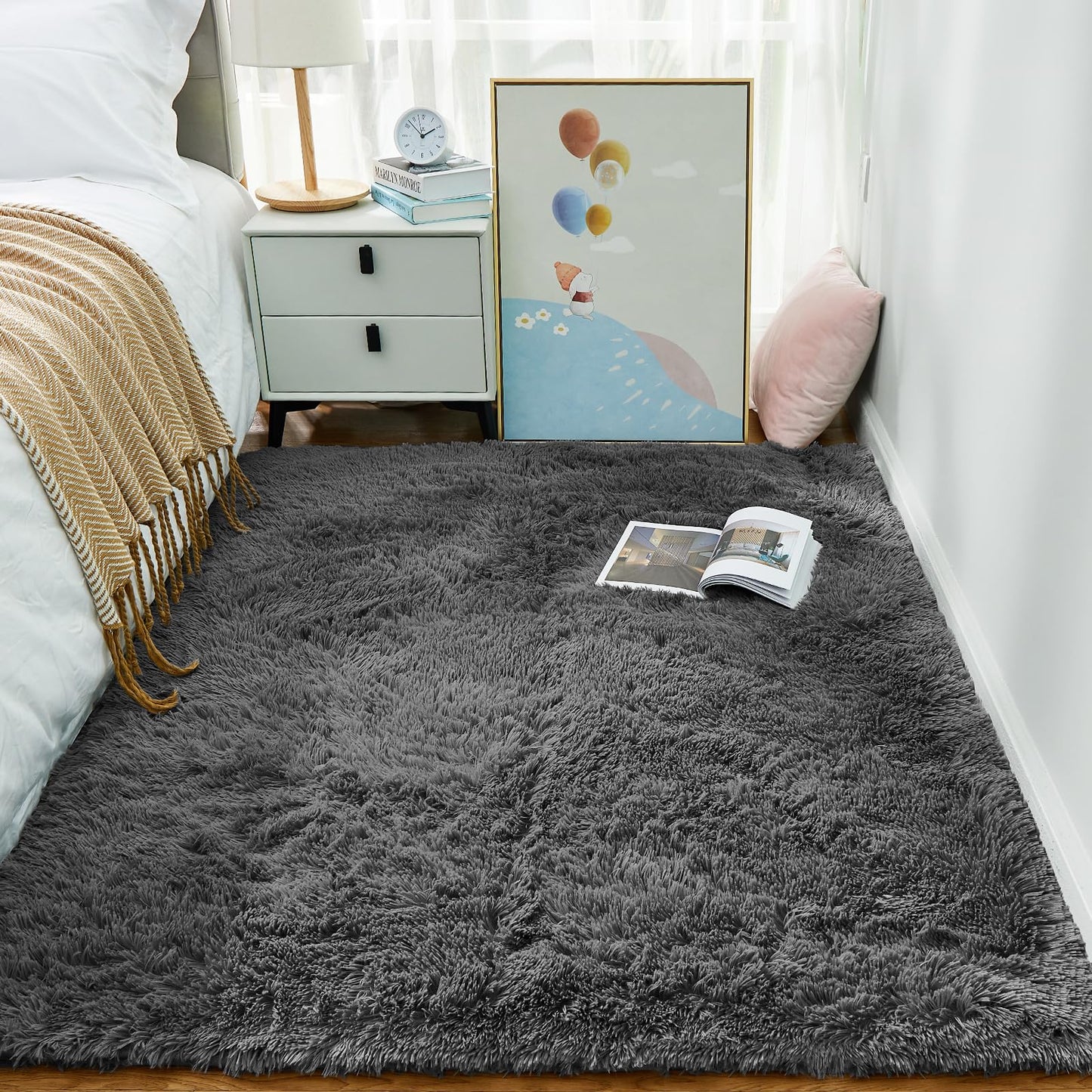Fluffy Gray Shag Area Rug for Bedroom