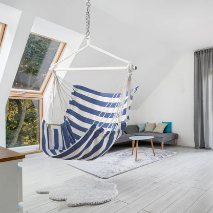 Jelofly Hammock Chair Large Hanging Rope Swing Seat Chair with Pocket Max 350 Lbs Superior Comfortable for Indoor Outdoor Home Bedroom Garden, Seat Cushions Not Included (Blue and White)
