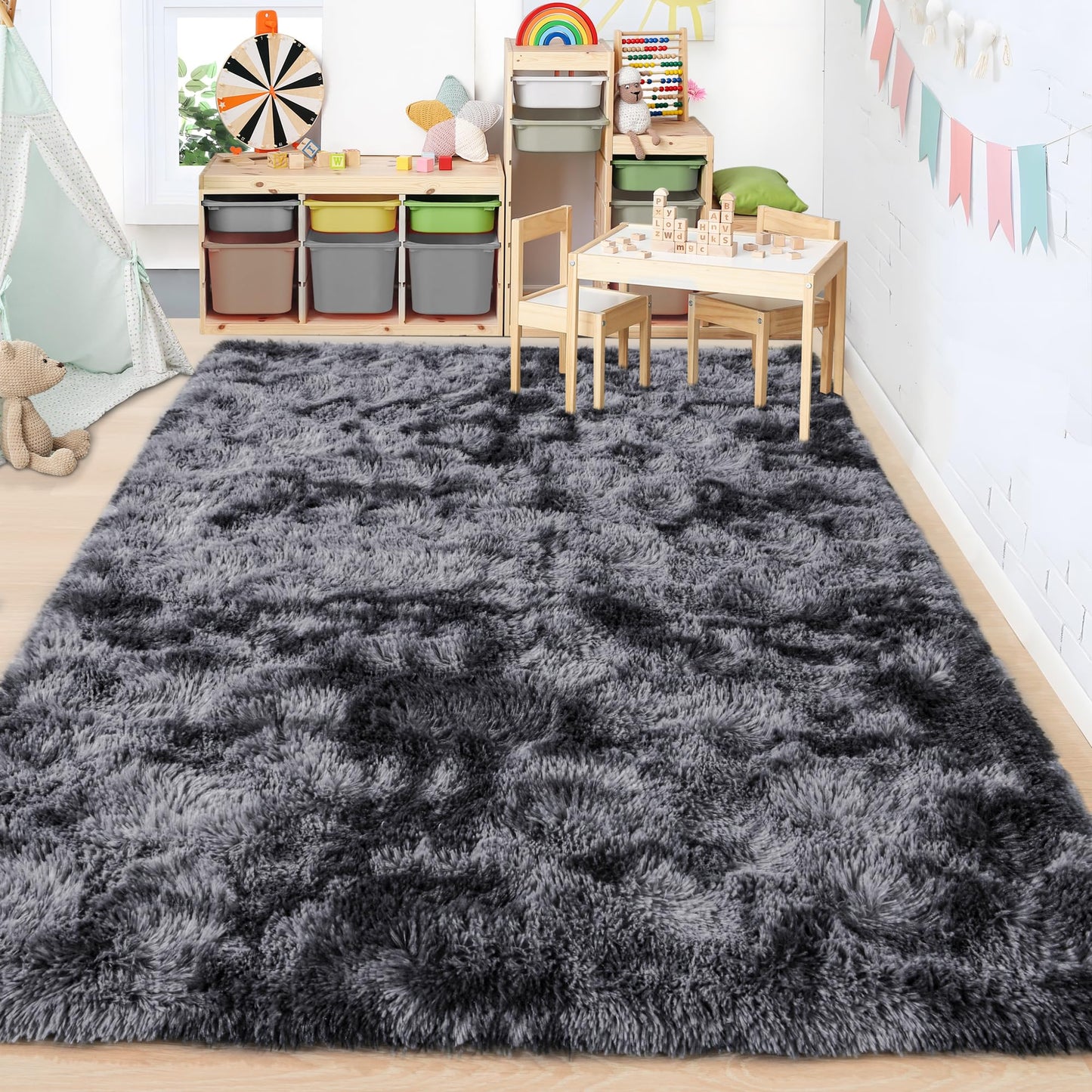Foxmas Shag Rugs for Bedroom Living Room, 5x7Ft Soft Fluffy Tie-Dyed Rug for Kids Room with Non-Slip Backing, High Pile Nursery Carpets Fuzzy Boys Girls Dorm Home Decor Aesthetic, Dark Grey