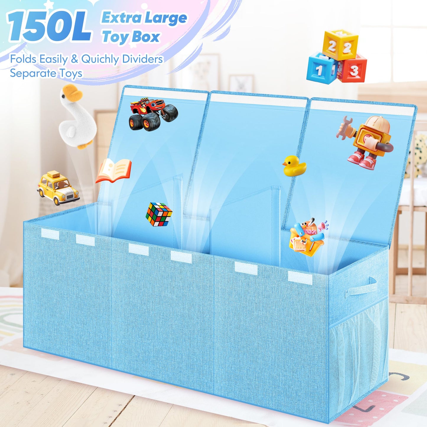 Extra Large Kids Toy Box with Mesh Pockets