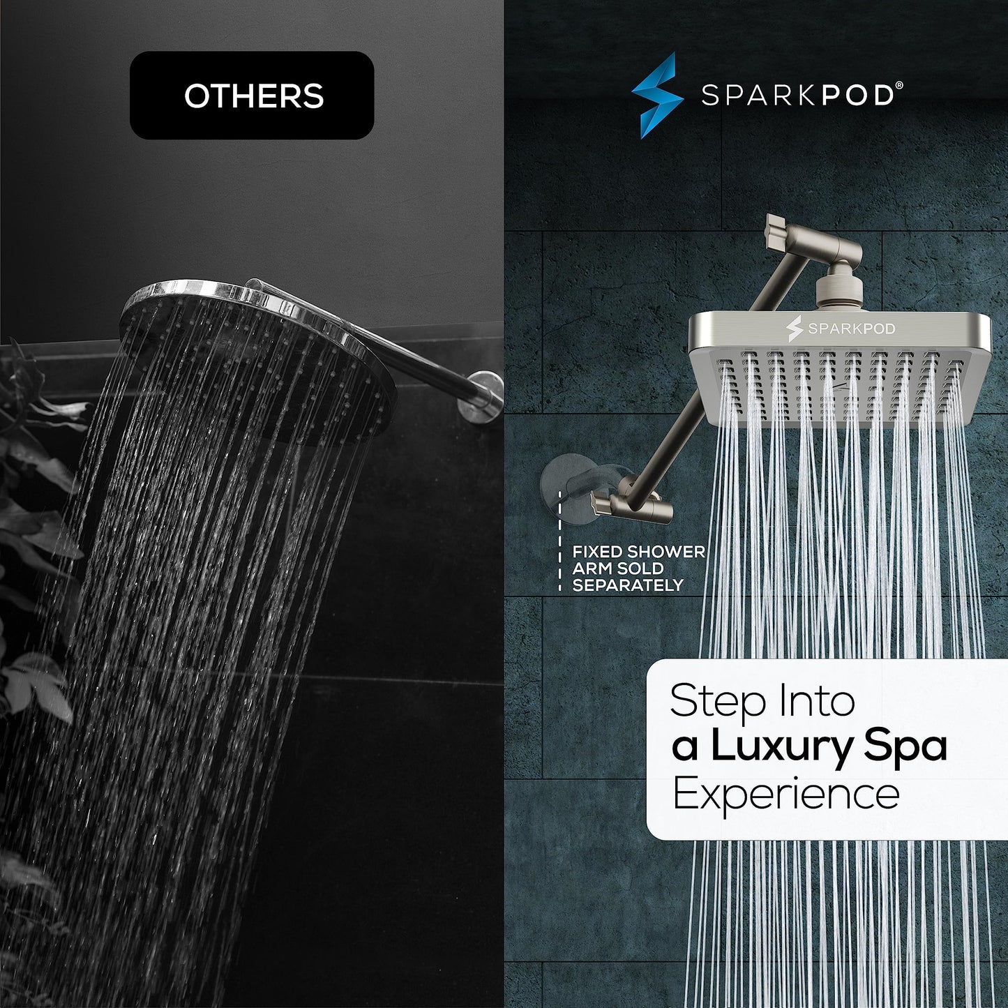 SparkPod Square Rain Shower Head with Shower Head Extension Arm - High Pressure Rain - Luxury Modern Look - No Hassle Tool-less 1-Min Installation (11" Shower Arm Extension, Elegant Brushed Nickel)