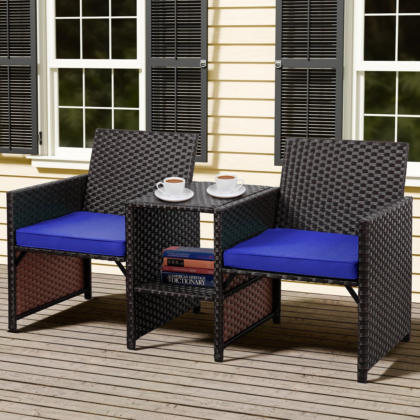 Shintenchi Wicker Patio Conversation Furniture Set with Detachable Chairs & Table and Two Removable Cushions,Rattan Wicker Lover Chair for Patio,Garden, Courtyard and Lawn Backyard (Deep Blue)