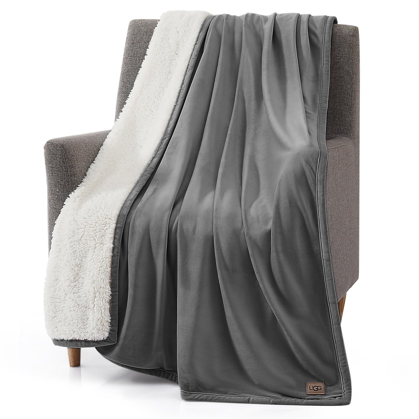 UGG 23858 Bliss Luxurious Oversized All Season Soft Plush Hypoallergenic Flannel Fleece Blanket Double Sided Machine Washable Decorative Accent Throw for Comfort and Warmth, 70 x 50-Inch, Charcoal