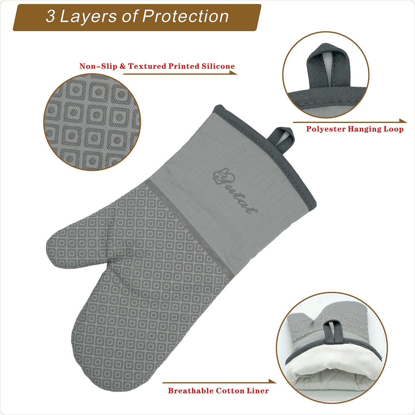 Yutat Silicone Oven Mitts - Oven Mitts and Pot Holders Sets made of Non-Slip Silicone & BPA-Free Silicone, High Heat Resistant 500 Degrees, Perfect for Kitchen Cooking Baking BBQ, 4Pcs Set, Light Grey