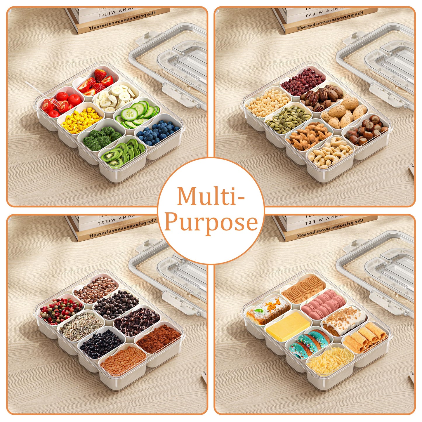 Spaclear Snack Serving Tray with Cutlery Storage, Divided Serving Tray with Lid and Handle-Portable Snackle Box Container Fruit,Veggie Tray (8 Forks, 2 Scoop)