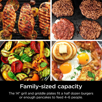 Ninja GR101 Sizzle Smokeless Indoor Grill & Griddle, 14'' Interchangeable Nonstick Plates, Dishwasher-Safe Removable Mesh Lid, 500F Max Heat, Even Edge-to-Edge Cooking, Grey/Silver