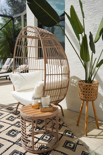 YITAHOME Wicker Egg Chair with Coffee Table Outdoor Indoor Oversized Lounger with Stand, Table, Cushions, Egg Basket Chair for Patio Backyard Porch - Beige