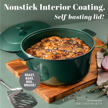 Granitestone Dutch Oven, 6.5 Quart Ultra Nonstick Enameled Lightweight Aluminum Dutch Oven Pot with Lid, Round 6.5 Qt. Stock Pot, Dishwasher & Oven Safe Induction Capable 100% PFOA Free, Emerald Green