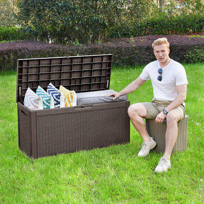 YITAHOME 100 Gallon Large Resin Deck Box Outdoor Storage with Cushion for Patio Furniture,Outdoor Cushions,Garden and Pool Supplies-Waterproof,Lockable (Brown)