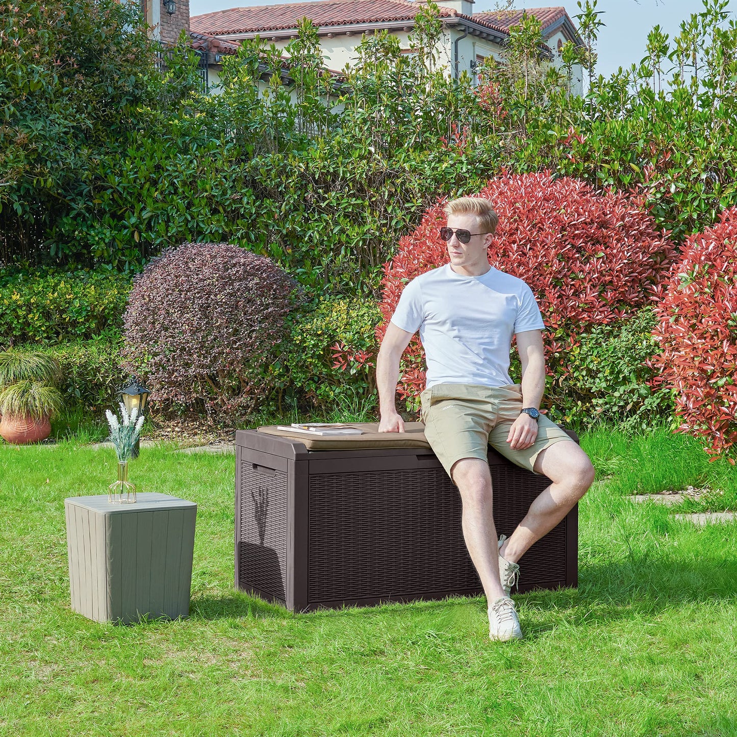 YITAHOME 100 Gallon Large Resin Deck Box Outdoor Storage with Cushion for Patio Furniture,Outdoor Cushions,Garden and Pool Supplies-Waterproof,Lockable (Brown)