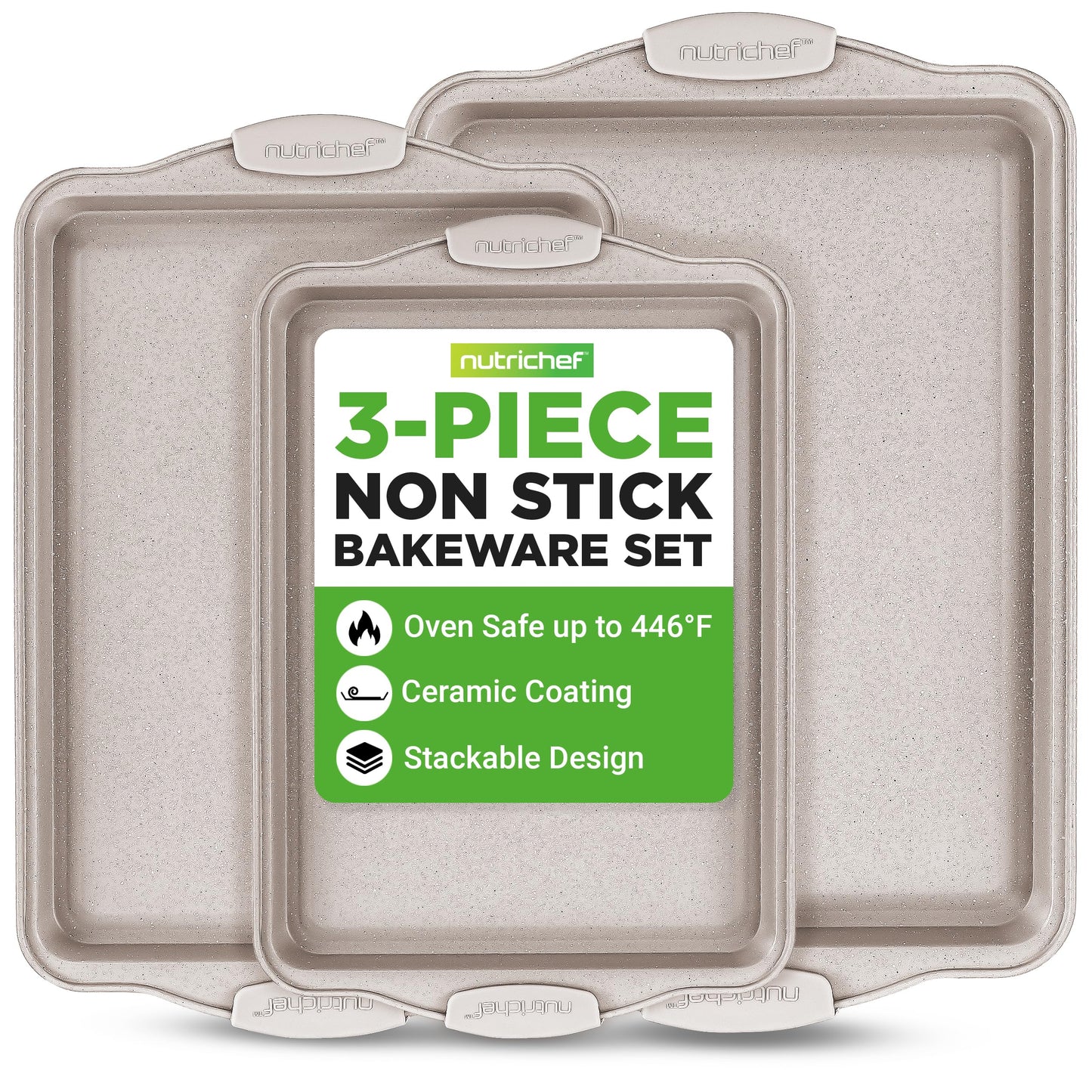 NutriChef 3 Piece Nonstick Cookie Sheets for Baking - Premium Carbon Steel Baking Pans with Black Silicone Handles - Even Heat Distribution, PFOA/PFOS/PTFE Free, Easy to Clean - Cream Marble, NCBKT3CM