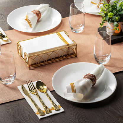 Disposable Linen-Feel Peper Napkins, Decorative White Guest Towels, 12" x 17" Gold Line Hand Napkins For Wdding, Party Or Event - Pack of 200