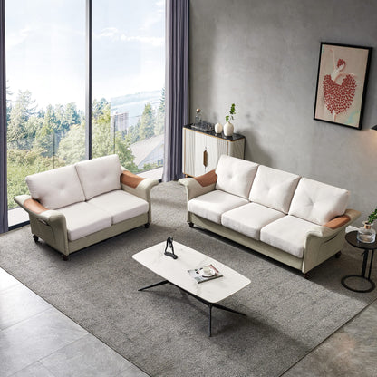 DHPM Sectional Faux Leather with Wood Leg, 2 Pieces Mid-Century Sofa Living Room Furniture Sets, Linen Upholstered Couch include 3 Seater and Loveseat for Home or Office (2+3 seat), Beige