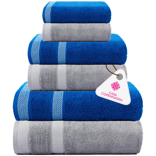 CASA COPENHAGEN Solitaire Mix 6 Pieces Towel Set- Grey Violet+Electric Blue, 600 GSM 2Bath Towel 2Hand Towel 2Washcloth,Designed in Denmark Made of Soft Egyptian Cotton for Bathroom, Kitchen & Shower