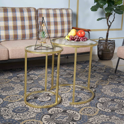 RiteSune Gold Glass Nesting Side End Tables Set of 2, Round Small Stacking Drink Coffee Table for Small Space, Living Room, Bedroom, Christmas, New Year